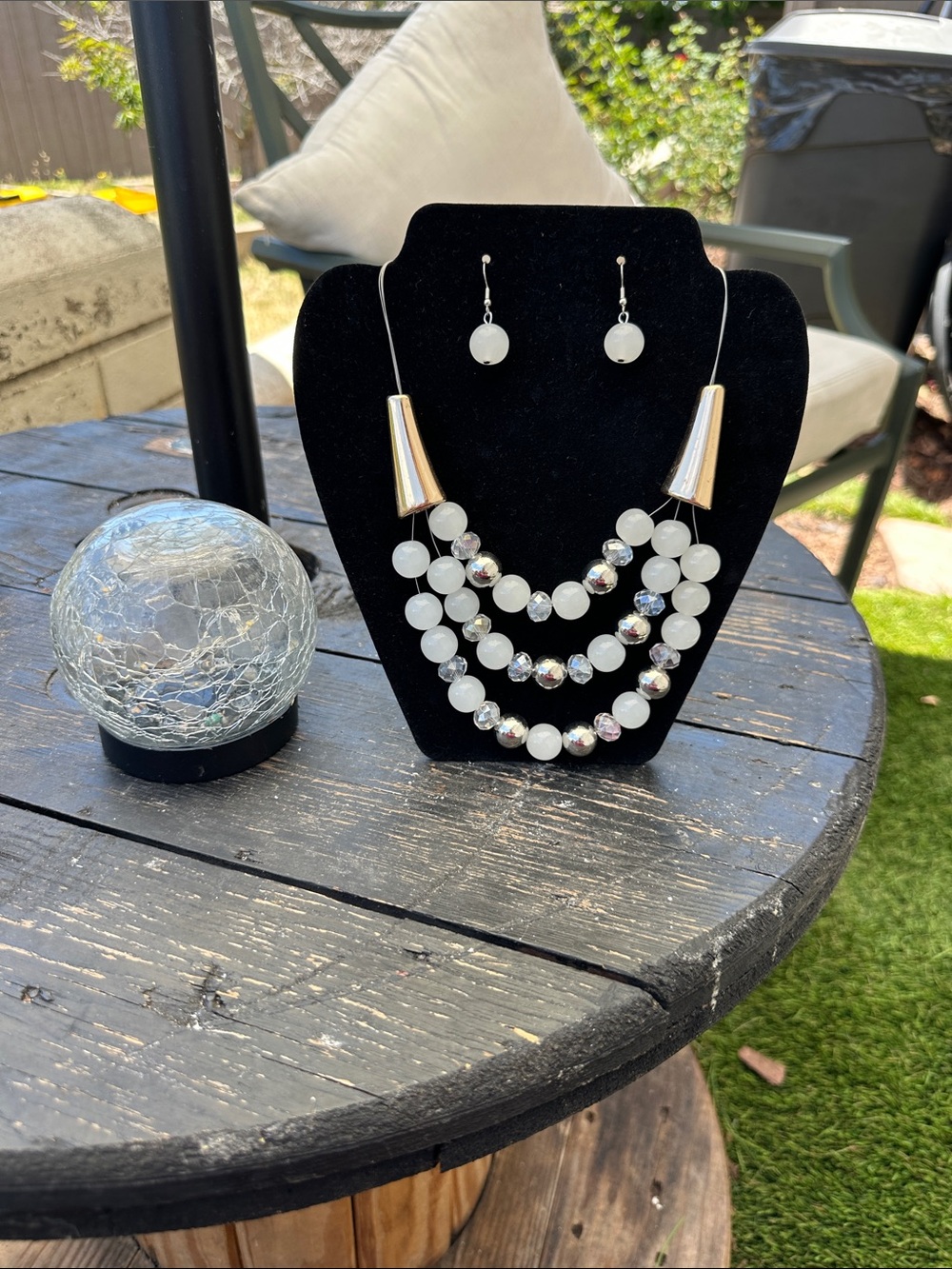 Triple-Strand White Beaded Necklace with Silver Accents and Matching Earrings